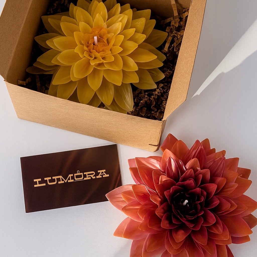 Decorative flowers in a box with a Lumóra card on a light background